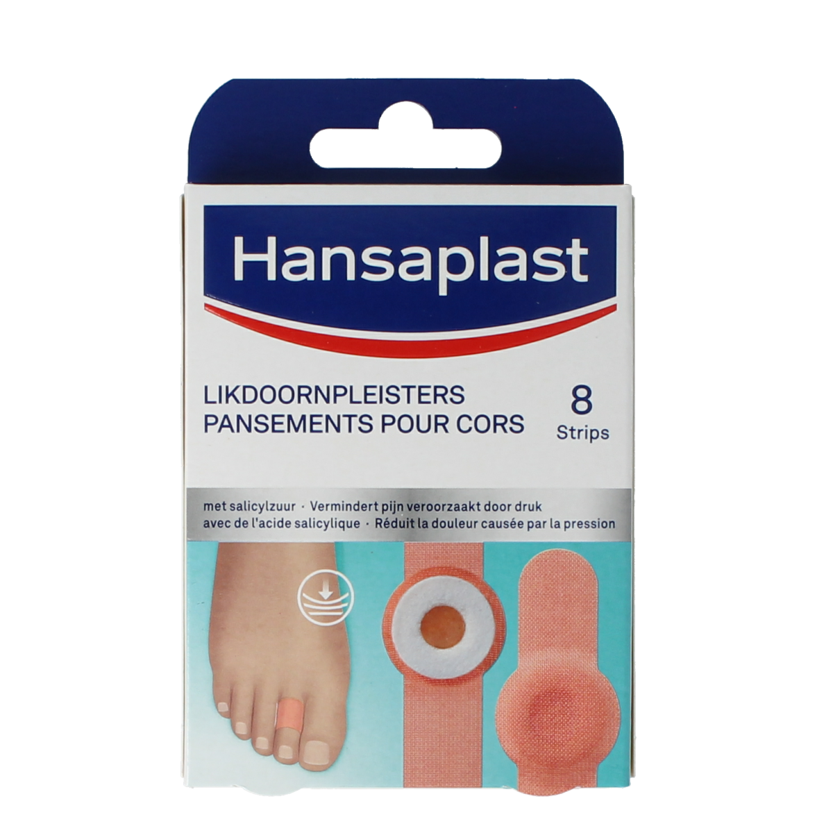 Hansaplast Voet likdoornpleisters, 8 stuks, for foot care, shown on a white background with the product packaging.