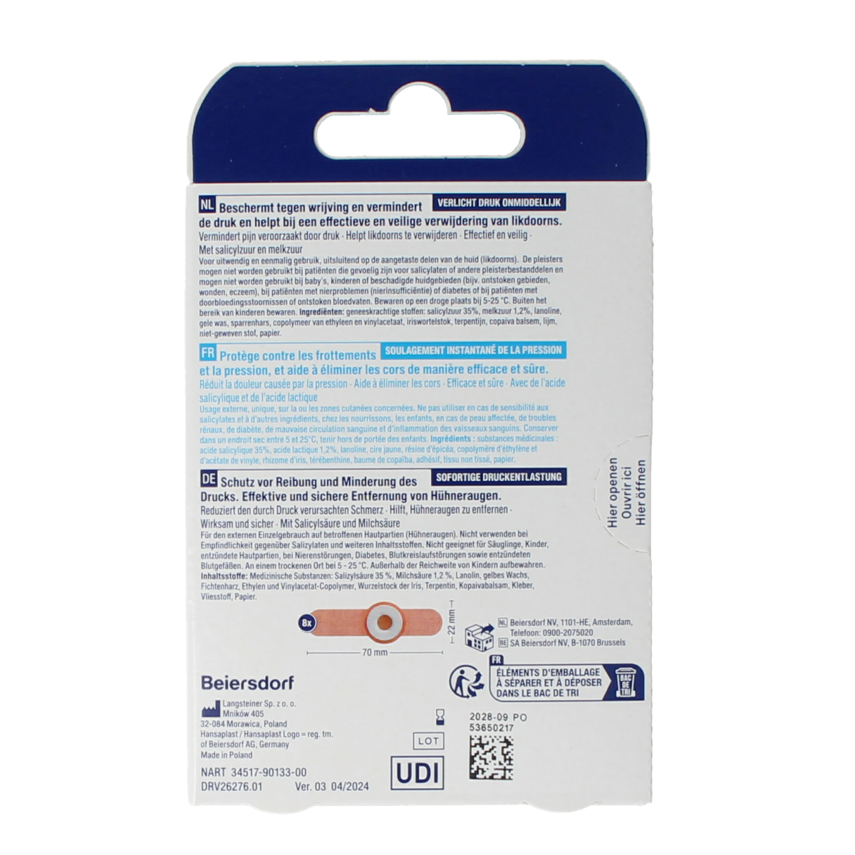 Hansaplast Voet likdoornpleisters pack of 8 for foot care, designed to relieve and protect corns and calluses on feet.