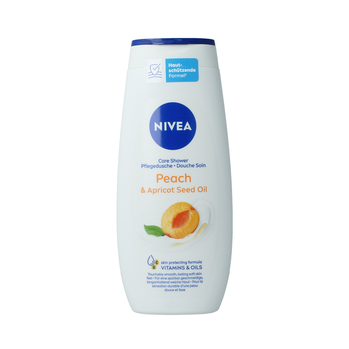 Nivea Douchecreme apricot seed oil in a 250ml bottle, moisturizing bathroom shower gel with apricot scent and seed oil.