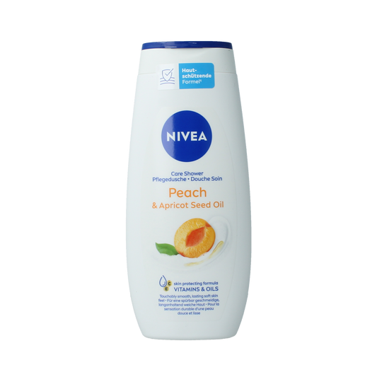 Nivea Douchecreme apricot seed oil in a 250ml bottle, moisturizing bathroom shower gel with apricot scent and seed oil.