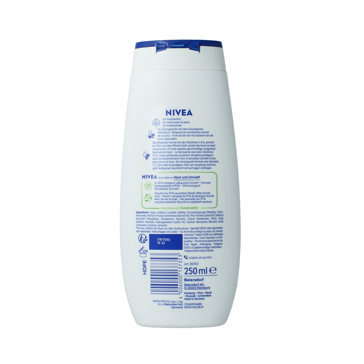 Nivea Douchecreme with apricot seed oil in a 250ml bottle, gentle shower gel for smooth skin.