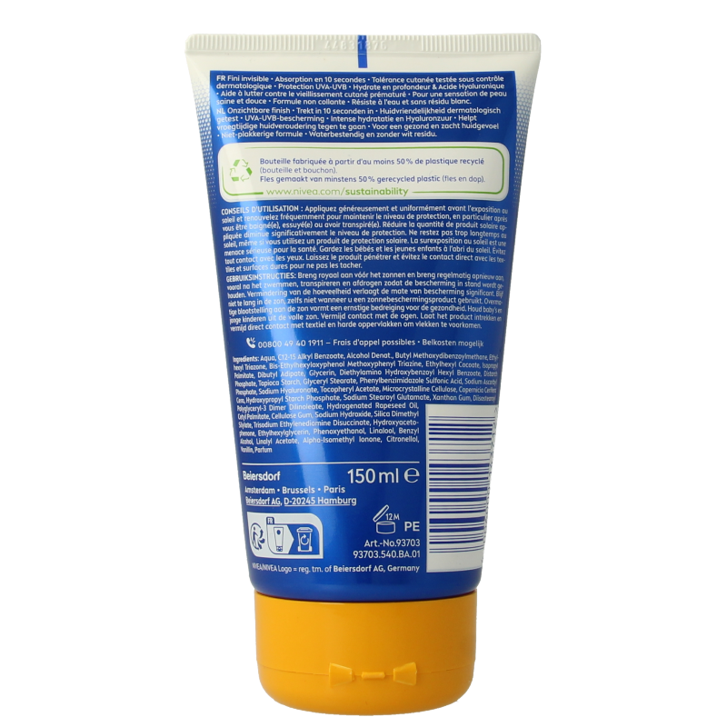 Nivea Sun Protect & Hydrate Invisible Touch SPF50 sunscreen lotion in 150ml bottle, designed for effective sun protection and hydration