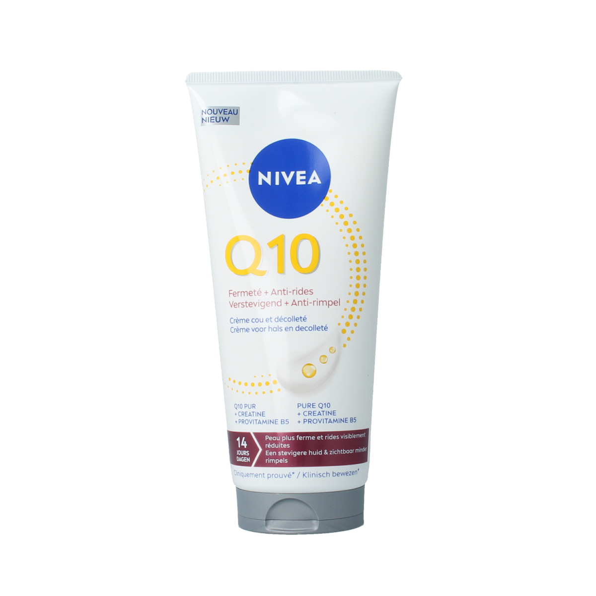 Nivea Q10 Hals & decollete crème in 200ml jar, facial skincare product for neck and décolleté care, with nourishing ingredients.