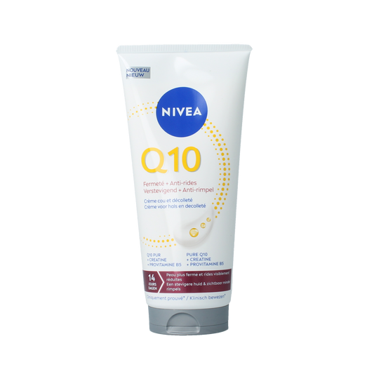 Nivea Q10 Hals & decollete crème in 200ml jar, facial skincare product for neck and décolleté care, with nourishing ingredients.