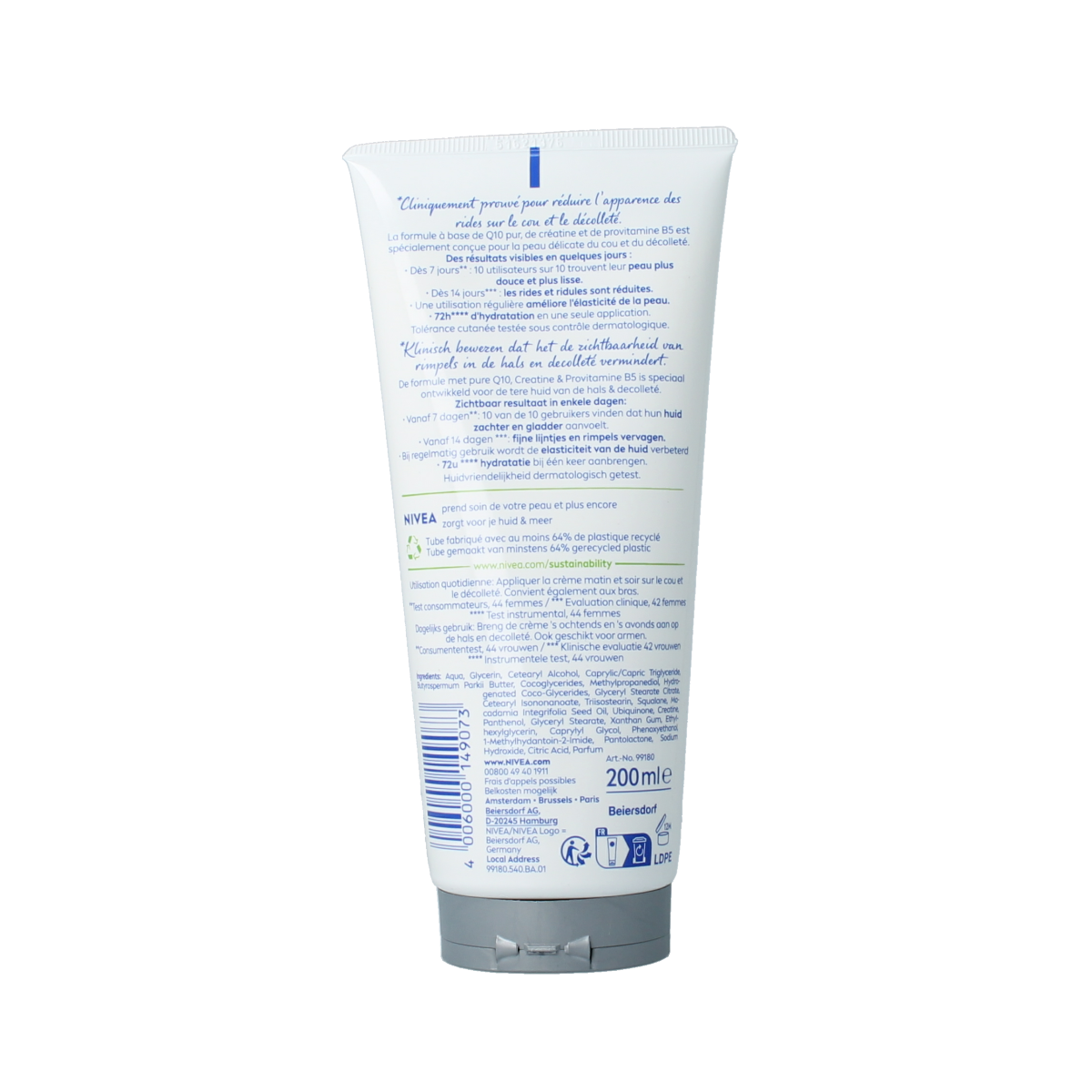 Nivea Q10 Hals & decollete crème in 200ml jar, facial skincare product for neck and décolletage area, creamy texture.