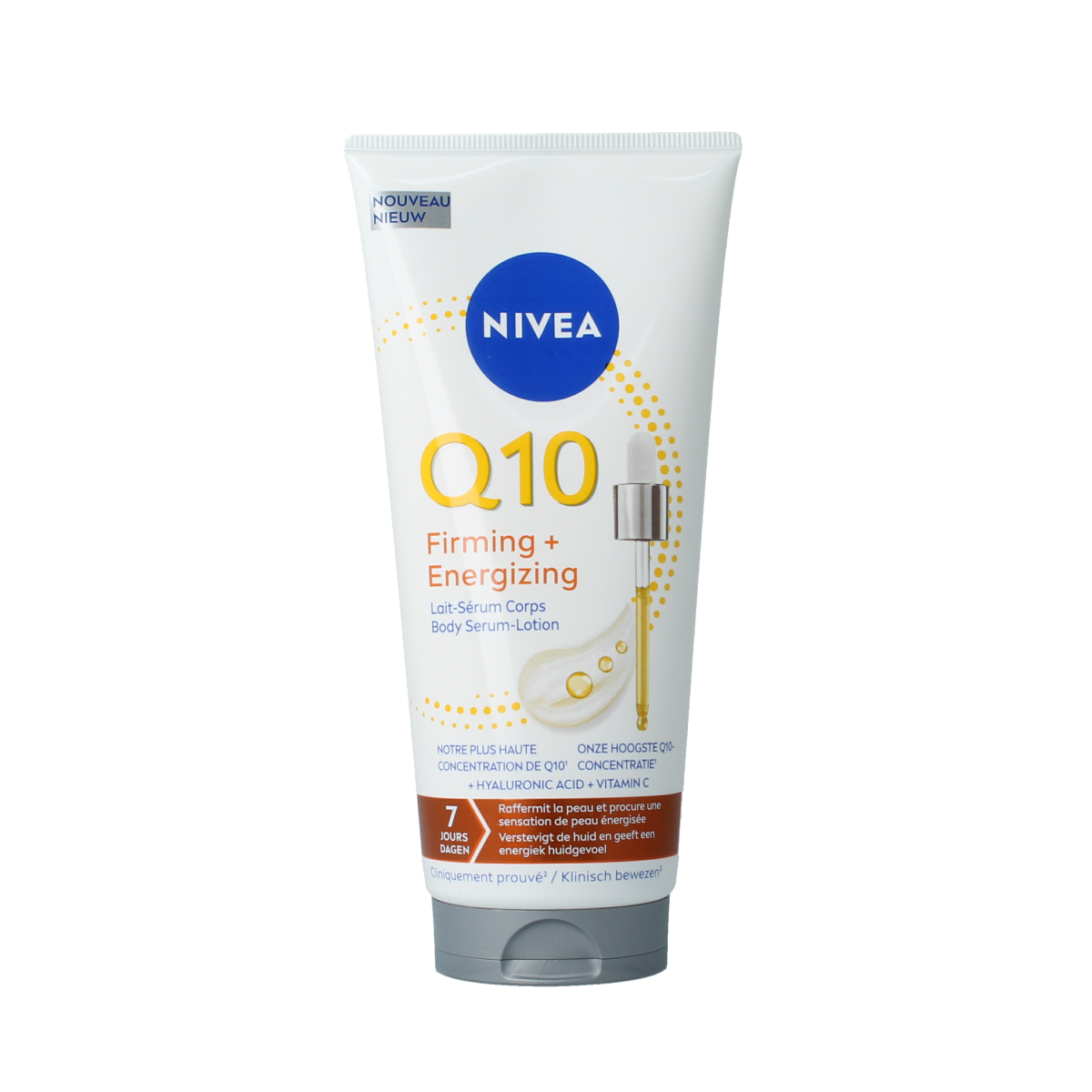 Nivea Q10 Firming Body Serum Lotion 200ml, moisturizing body care product with anti-aging benefits, in a white pump bottle.