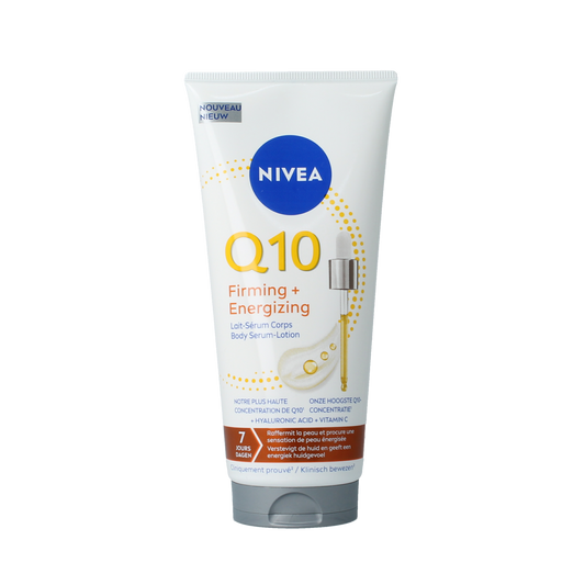 Nivea Q10 Firming Body Serum Lotion 200ml, moisturizing body care product with anti-aging benefits, in a white pump bottle.