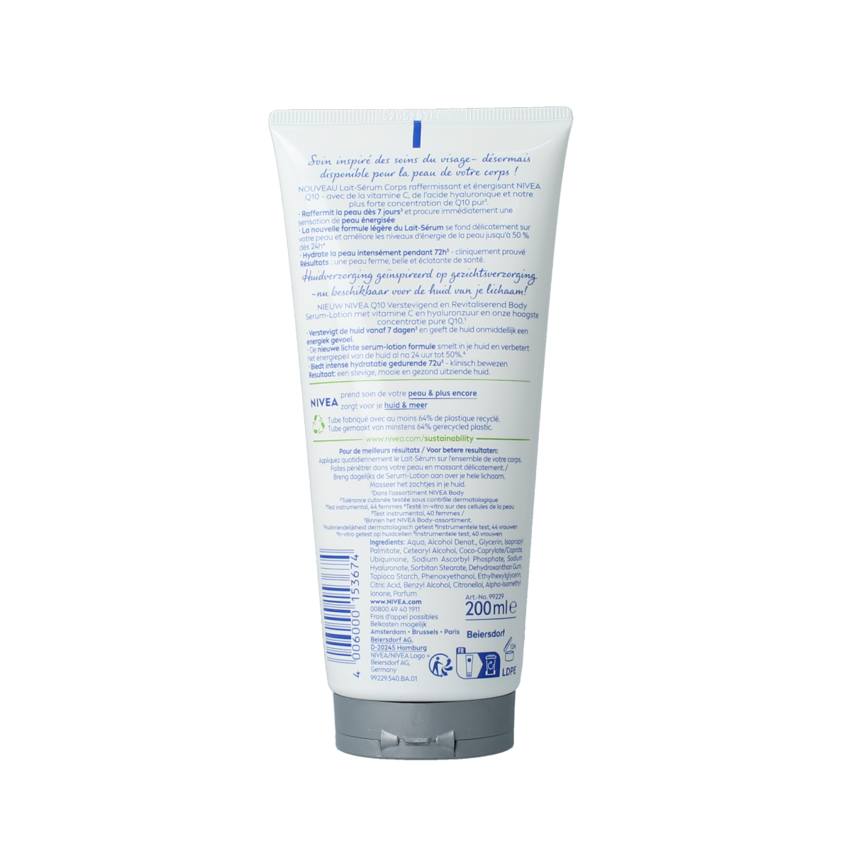 Nivea Q10 Firming Body Serum Lotion in 200ml bottle, moisturizing body care product with Q10 and nourishing ingredients.
