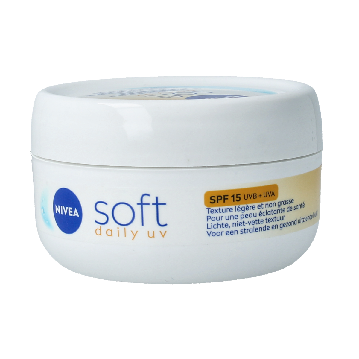 Nivea Bodycreme Soft daily UV SPF15 body lotion in 200ml bottle, moisturizing body care with sun protection.