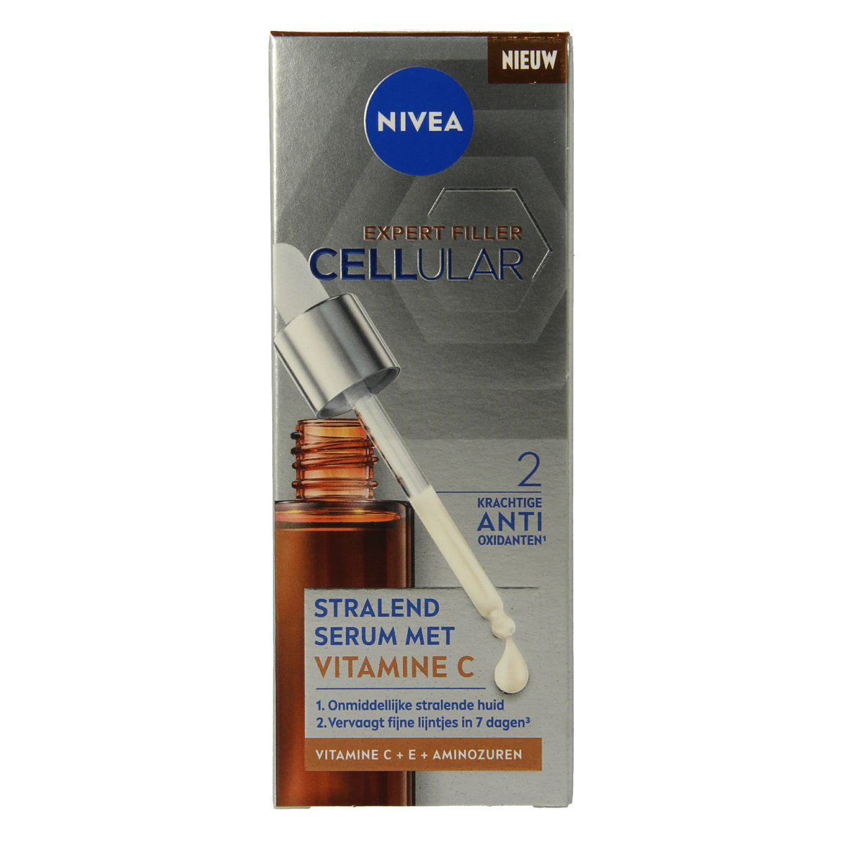 Nivea Cellular Expert Filler Vitamin C Serum in 30ml bottle, facial skincare product with brightening and anti-aging properties.