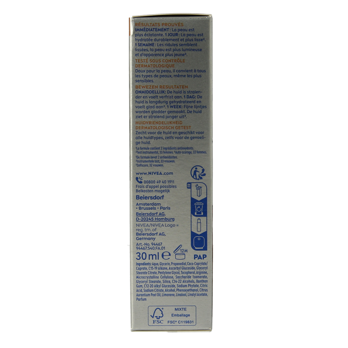 Nivea Cellular Expert Filler Vitamin C serum in 30ml bottle, facial skincare product for brightening and skin renewal.