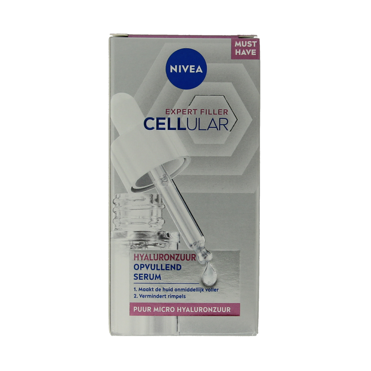 Nivea Hyaluron Cellular Expert Filler Serum 15ml bottle, facial skincare product with clear liquid and pump dispenser.