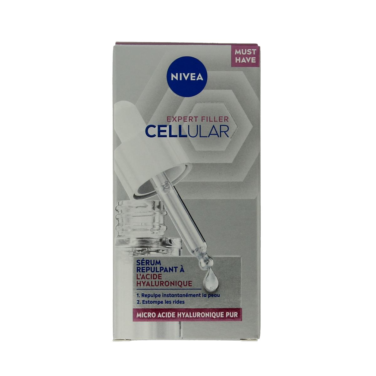 Nivea Hyaluron Cellular Expert Filler Serum 15ml for facial skincare, featuring a clear bottle with a pump dispenser and blue accents.