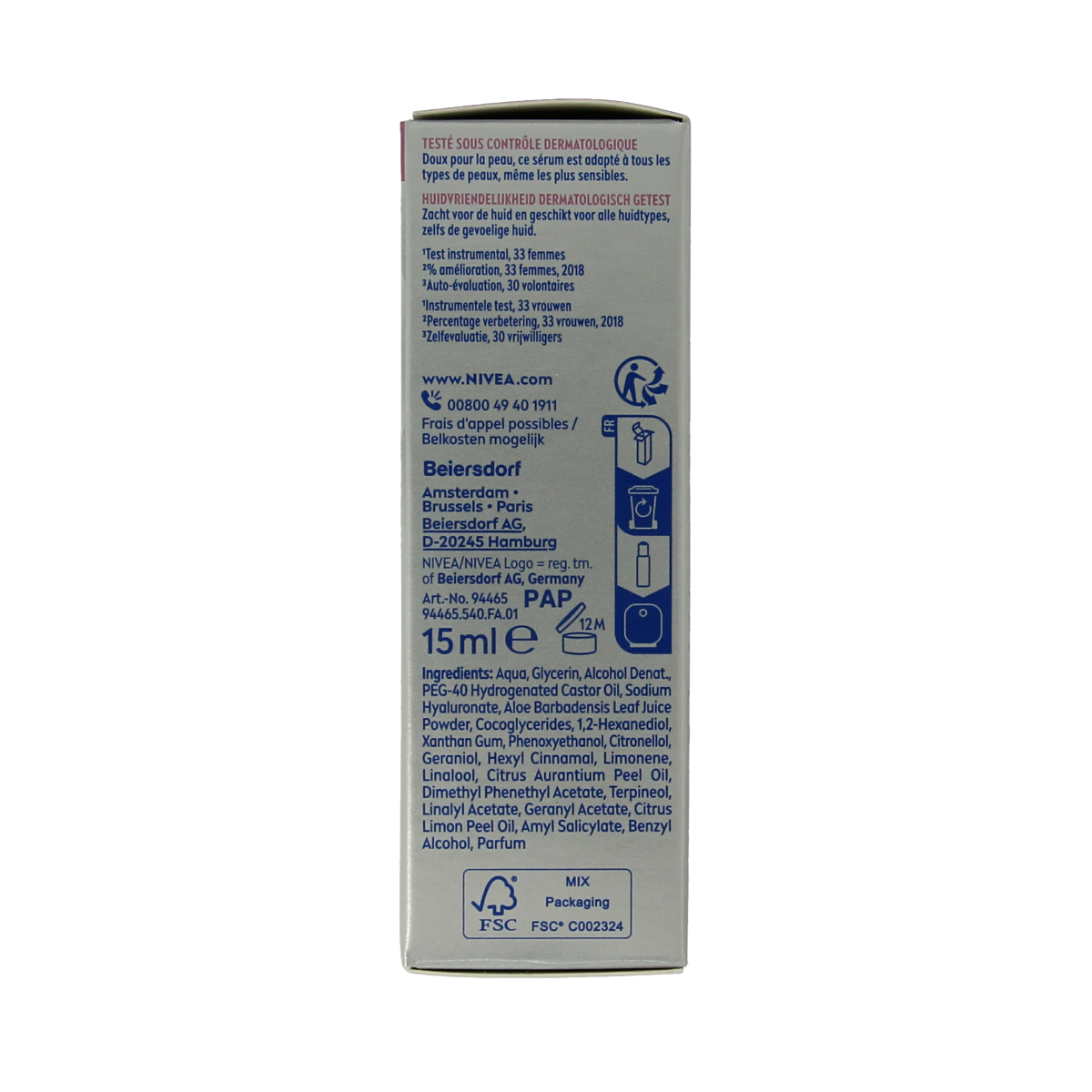 Nivea Hyaluron Cellular Expert Filler Serum 15ml for facial skincare, featuring a clear bottle with a pump dispenser and blue accents.