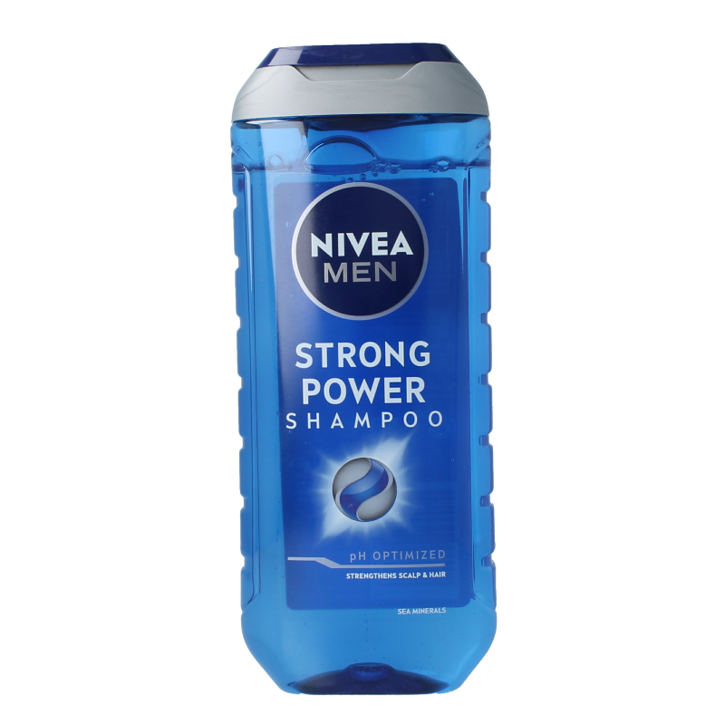Nivea Men Strong Power shampoo bottle for men's hair care, 250ml, with label and cap visible in the image.
