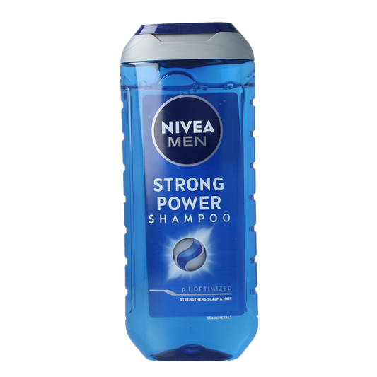 Nivea Men Strong Power shampoo bottle for men's hair care, 250ml, with label and cap visible in the image.