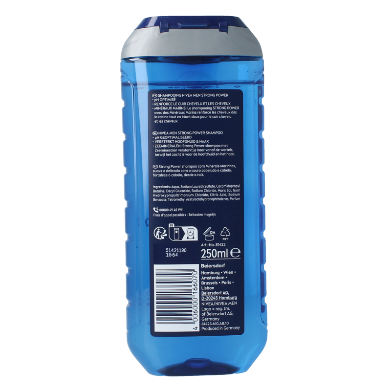 Nivea Men Strong Power shampoo for men, 250ml, in a plastic bottle, designed for strong and healthy hair care.