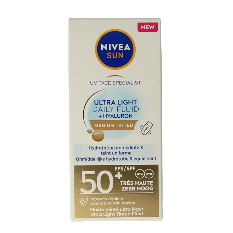 Nivea Sun face daily fluid SPF50 tint medium in 40ml bottle, with a smooth, tinted facial sunscreen for daily skincare.