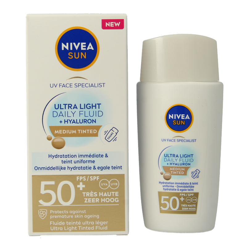 Nivea Sun face daily fluid SPF50 tint medium in 40ml bottle, moisturizing sunscreen with tinted coverage for daily use