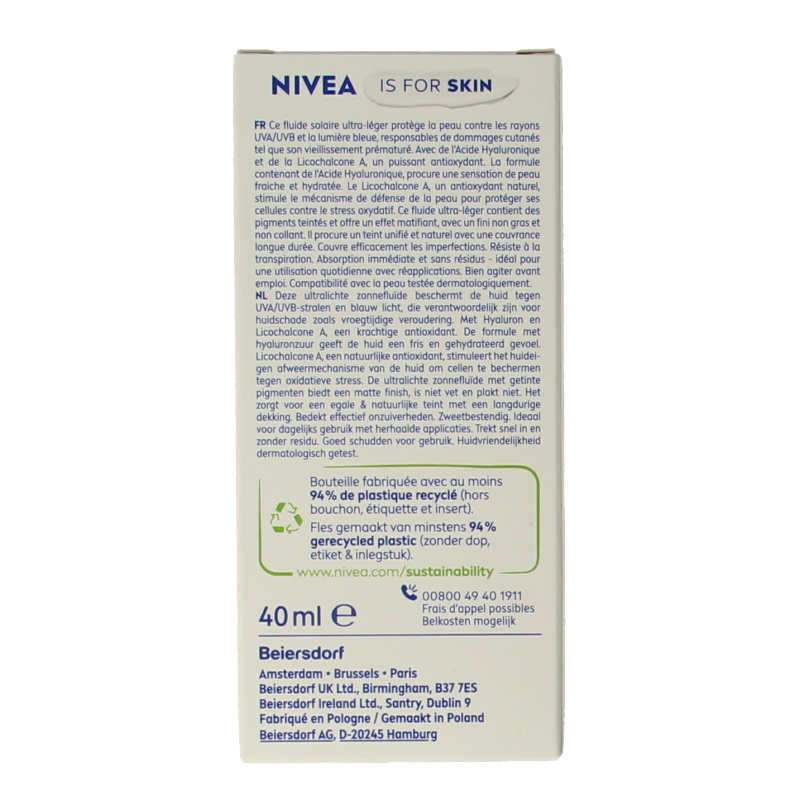 Nivea Sun face daily fluid SPF50 tint medium in 40ml tube, lightweight sunscreen with tinted formula for face protection