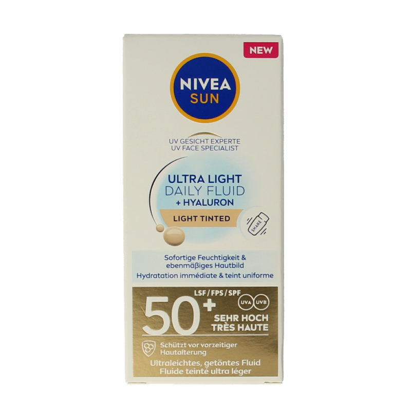 Nivea Sun face daily fluid SPF50 tint light in 40ml bottle, lightweight sun protection with a subtle tint for the face