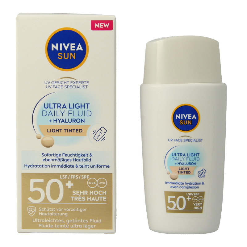 Nivea Sun face daily fluid SPF50 tint light in 40ml bottle, face sunscreen with tinted lightweight formula for daily sun protection