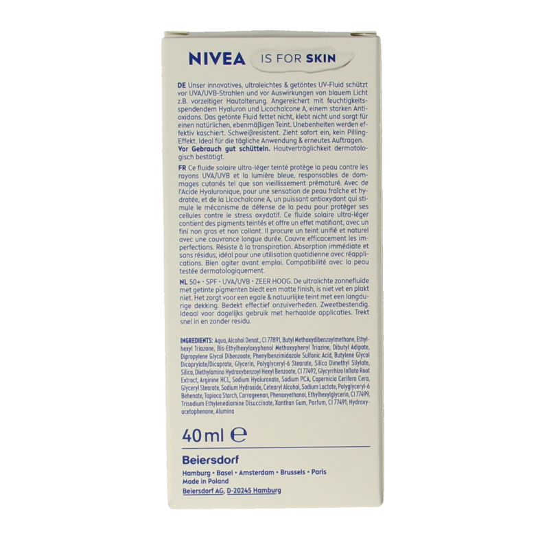 Nivea Sun face daily fluid SPF50 tint light in 40ml bottle, providing sun protection with a subtle tinted finish.