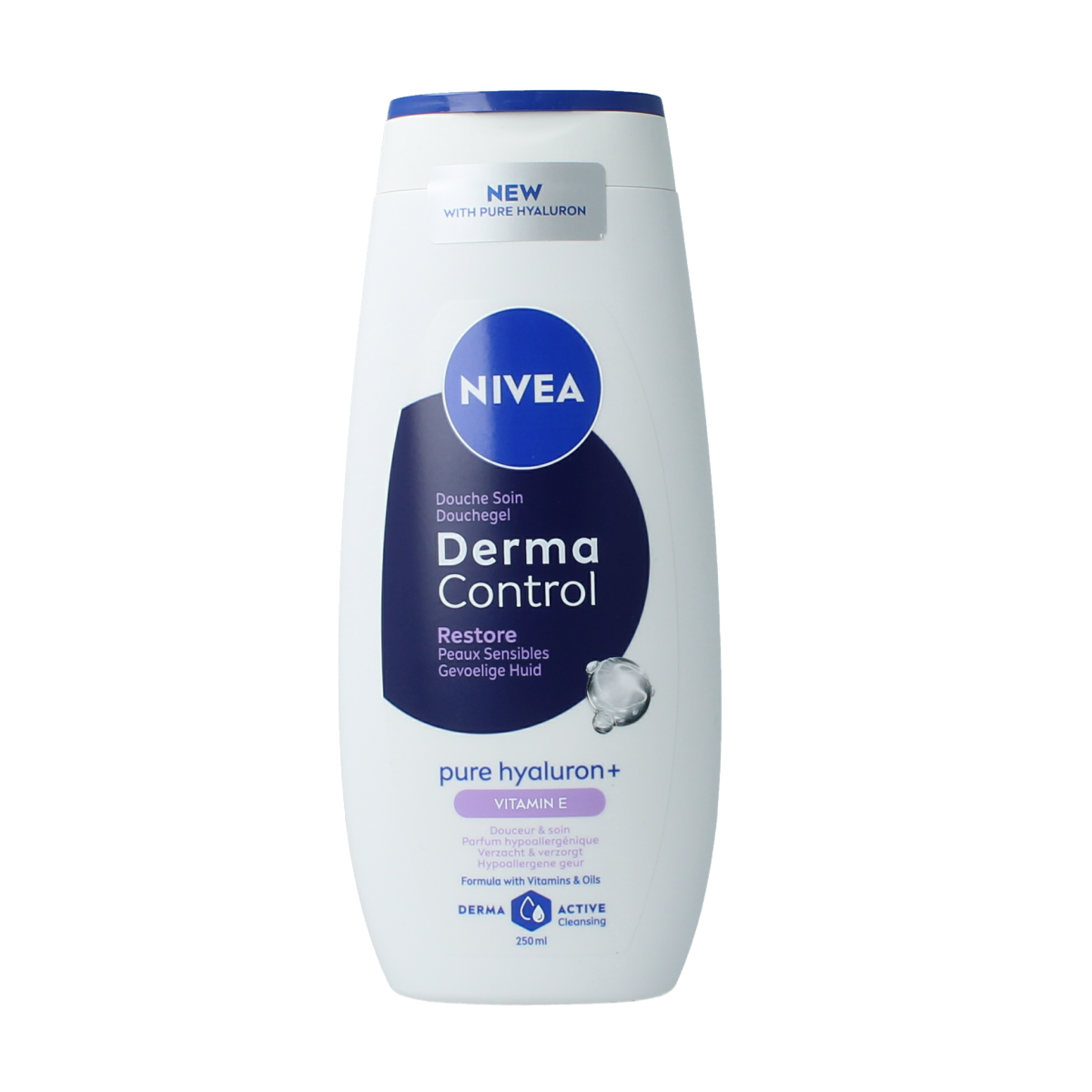 Nivea Derma Control Restore shower gel bottle, 250ml, for cleansing and skin balancing in the shower.
