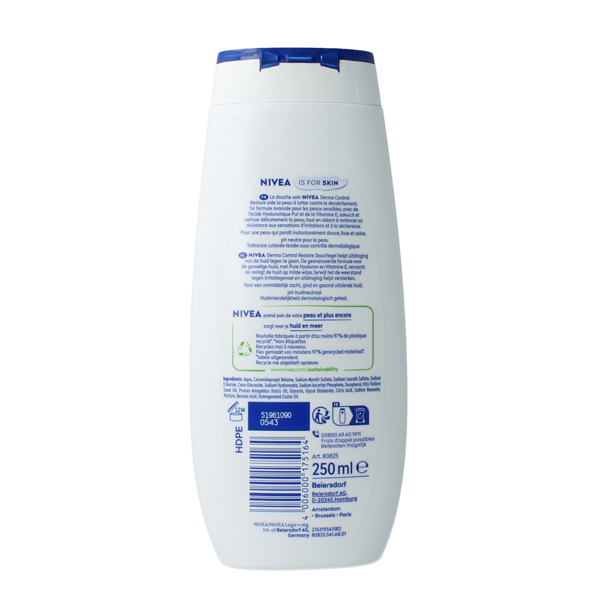 Nivea Derma Control Restore shower gel in a 250ml bottle, suitable for gentle cleansing and skin balance.