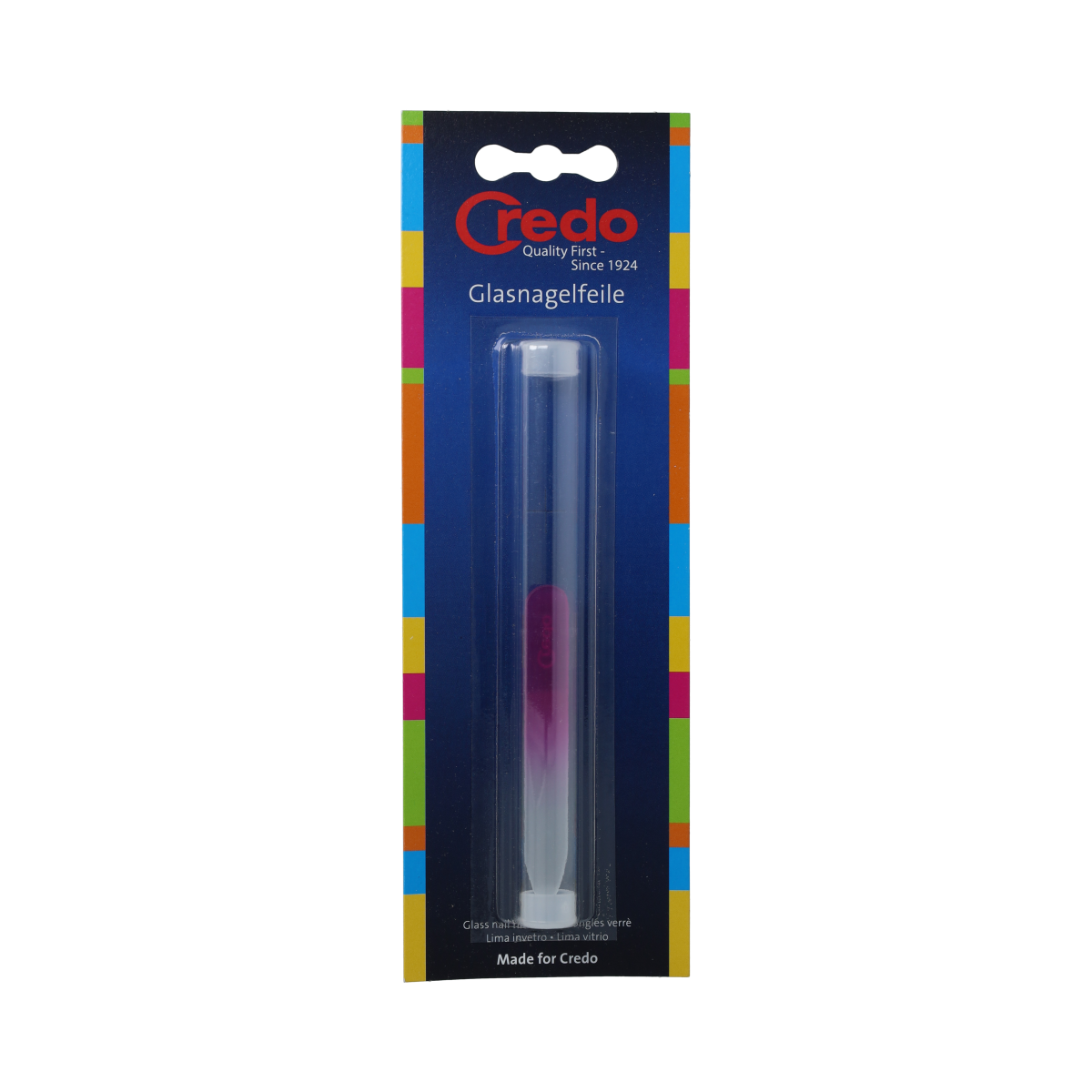 Credo Pop Art glass nail file, 90 mm, manicure and pedicure instrument, clear and colorful design for nail shaping.
