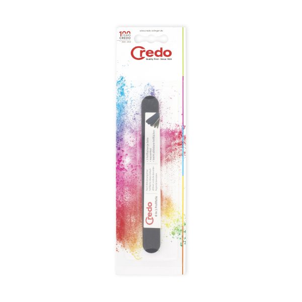 Credo 6-in-1 nail file for manicure and pedicure, compact grooming tool, plastic handle, multiple filing surfaces.