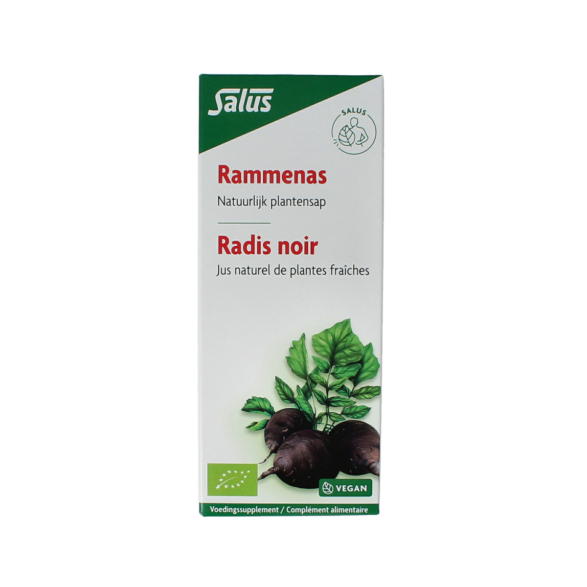 Salus Rammenassap bio herbal preparation in a 200ml bottle, featuring herbal ingredients and natural remedy packaging.