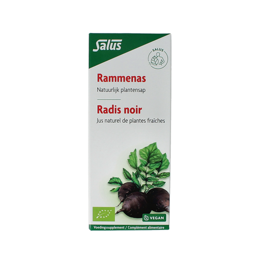 Salus Rammenassap bio herbal preparation in a 200ml bottle, featuring herbal ingredients and natural remedy packaging.