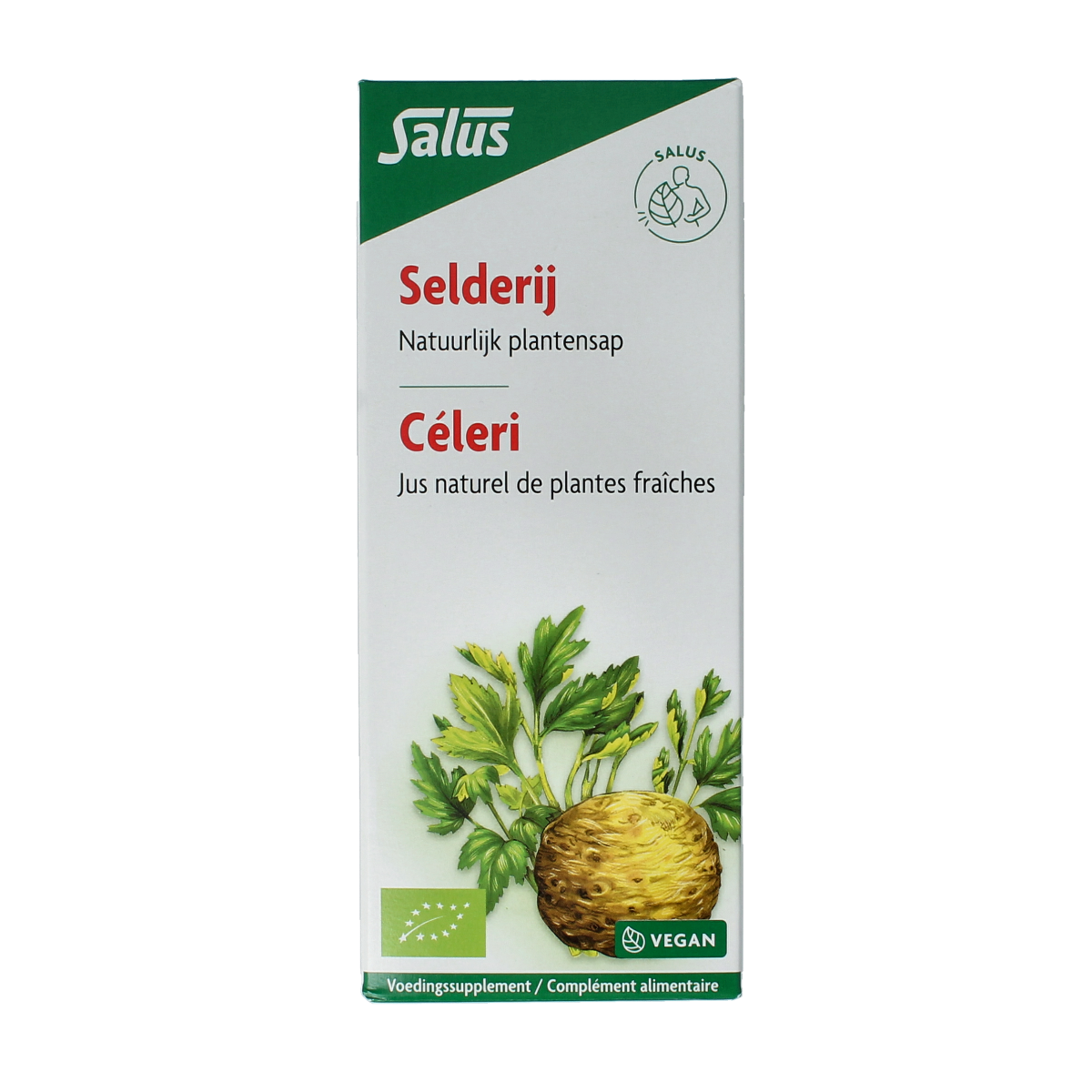 Organic salus celery juice in a 200ml bottle, natural herbal supplement from Salus, with fresh celery stalks and label visible.