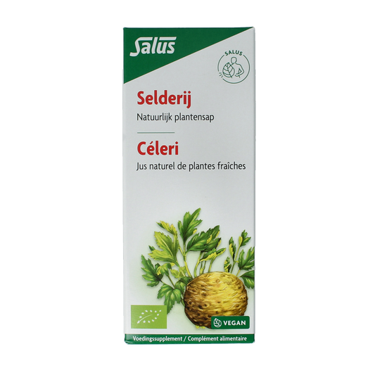 Organic salus celery juice in a 200ml bottle, natural herbal supplement from Salus, with fresh celery stalks and label visible.