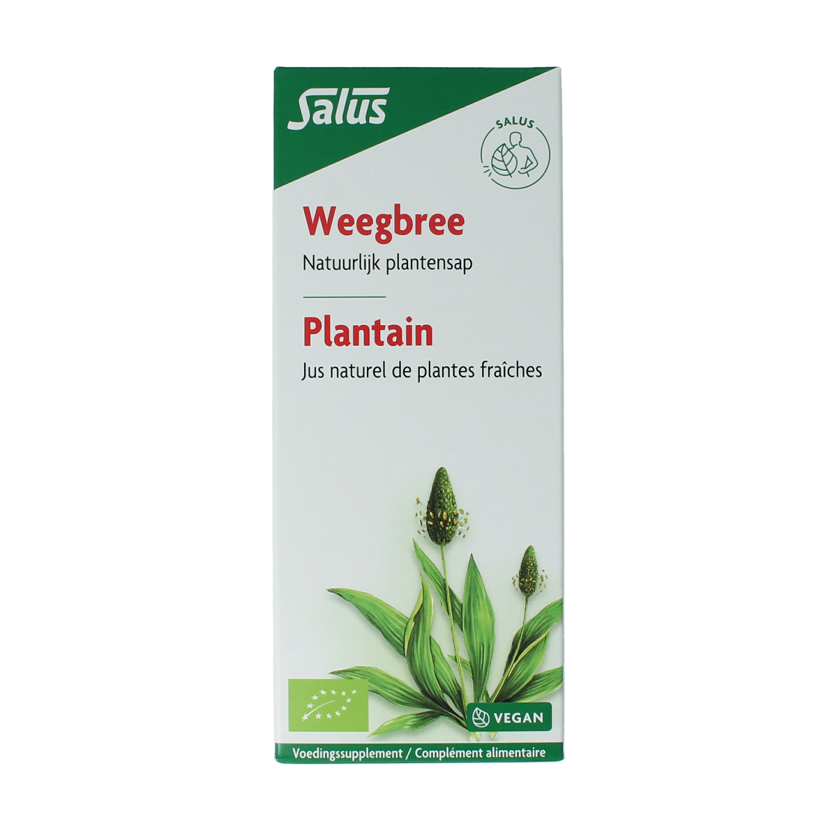 Salus Weegbreesap bio herbal extract bottle, 200ml, natural herbal medicine for wellness, with label and dropper cap visible.