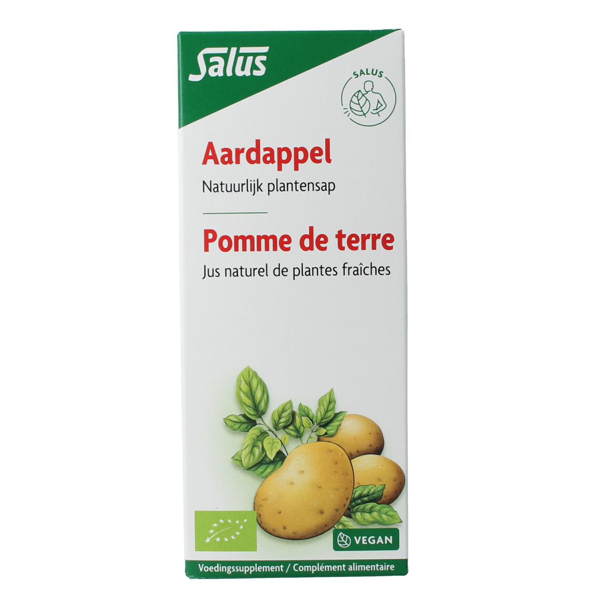 Organic Salus Aardappelsap in a 200ml bottle, natural potato juice for healthy drinks.