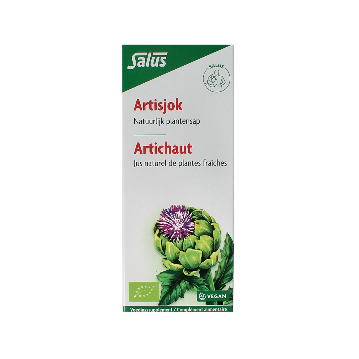 Salus Artisjokkensap bio bottle, 200ml, herbal supplement with a green label and cap, ready for health and wellness use.