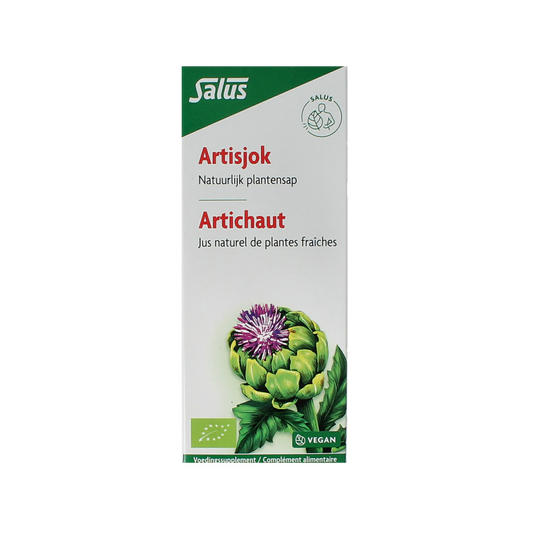 Salus Artisjokkensap bio bottle, 200ml, herbal supplement with a green label and cap, ready for health and wellness use.