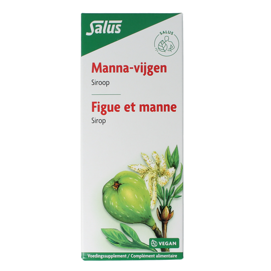 Salus Manna vijgensiroop in 200ml bottle, a herbal supplement with smooth syrup texture and natural ingredients.