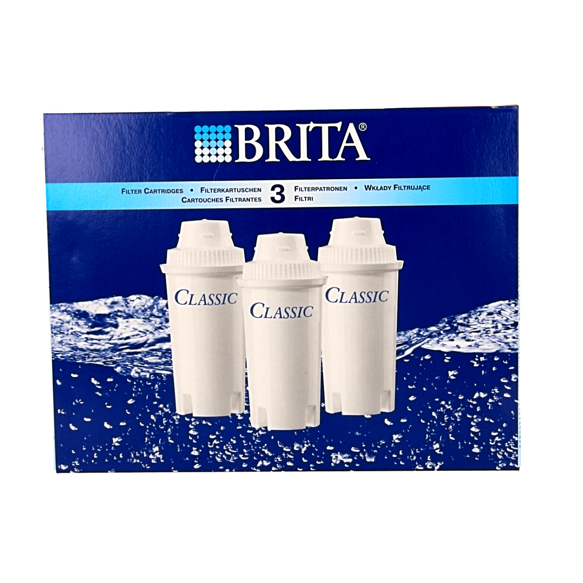 Brita Classic water filter cartridges 3-pack, compatible with Brita water filter jugs, for clean and fresh drinking water.