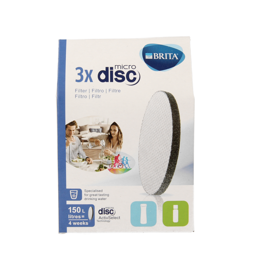 Brita MicroDisc water filter cartridges 3-pack for cooking and dining, designed to improve water quality.