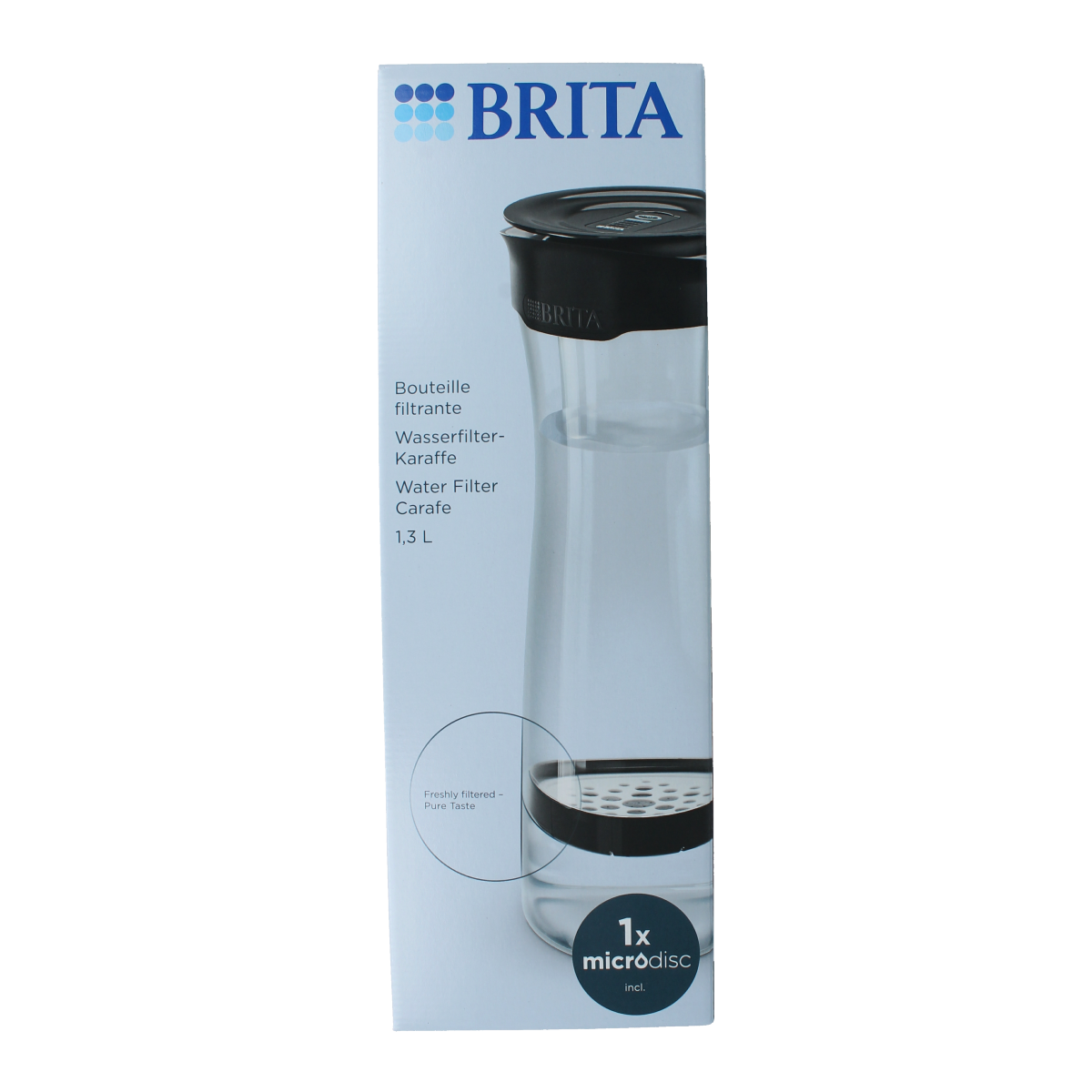 Brita Fresh Black water filter pitcher for cooking and dining, 1-liter capacity, with black lid and filter cartridge visible.