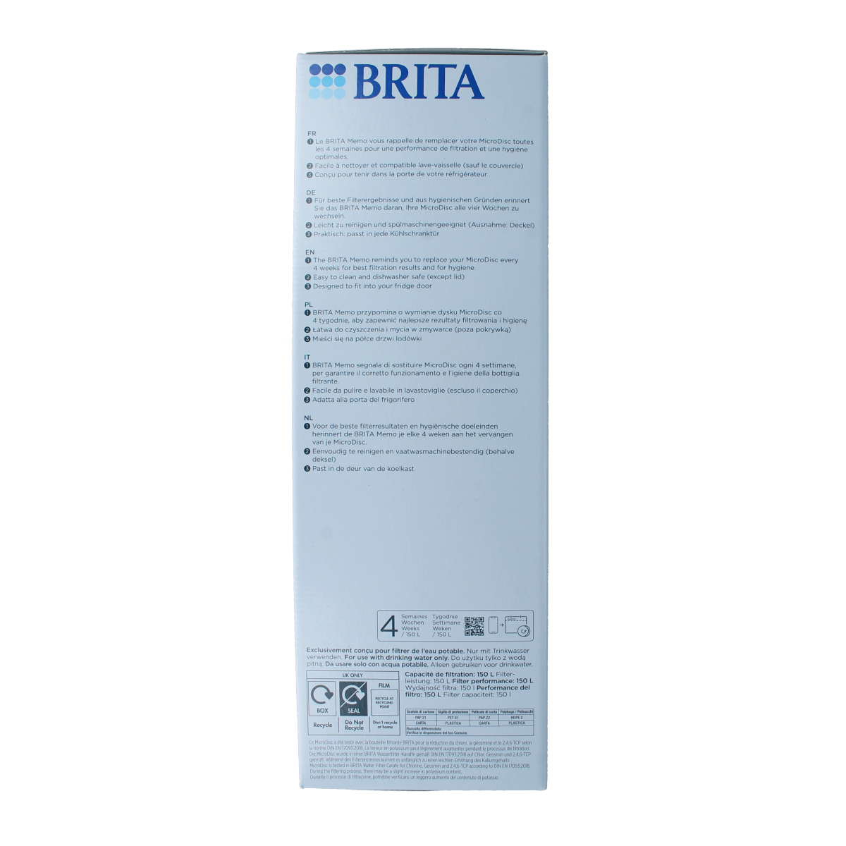 Brita Fresh Black water filter carafe for cooking and dining, 1 liter capacity, with black lid and filter cartridge visible.