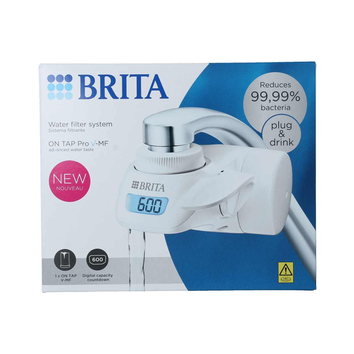 Brita ON TAP Pro V-MF water filter system for kitchen tap, part of Brita's cooking and dining product line, with filter cartridge visible.