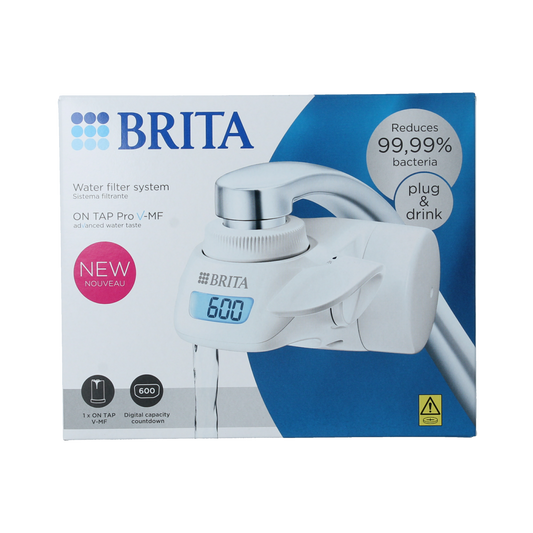 Brita ON TAP Pro V-MF water filter system for kitchen tap, part of Brita's cooking and dining product line, with filter cartridge visible.