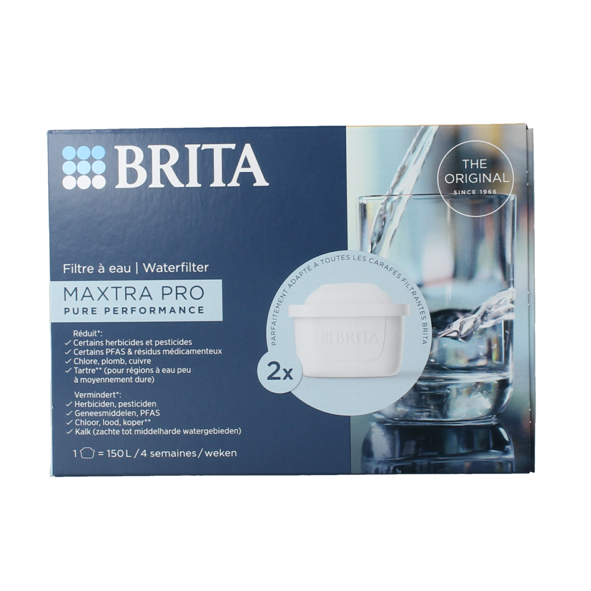 Brita MAXTRA PRO water filter cartridges 2-pack for kitchen and table use, designed for clean, fresh-tasting water.