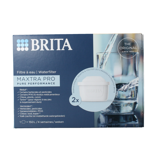 Brita MAXTRA PRO water filter cartridges 2-pack for kitchen and table use, designed for clean, fresh-tasting water.