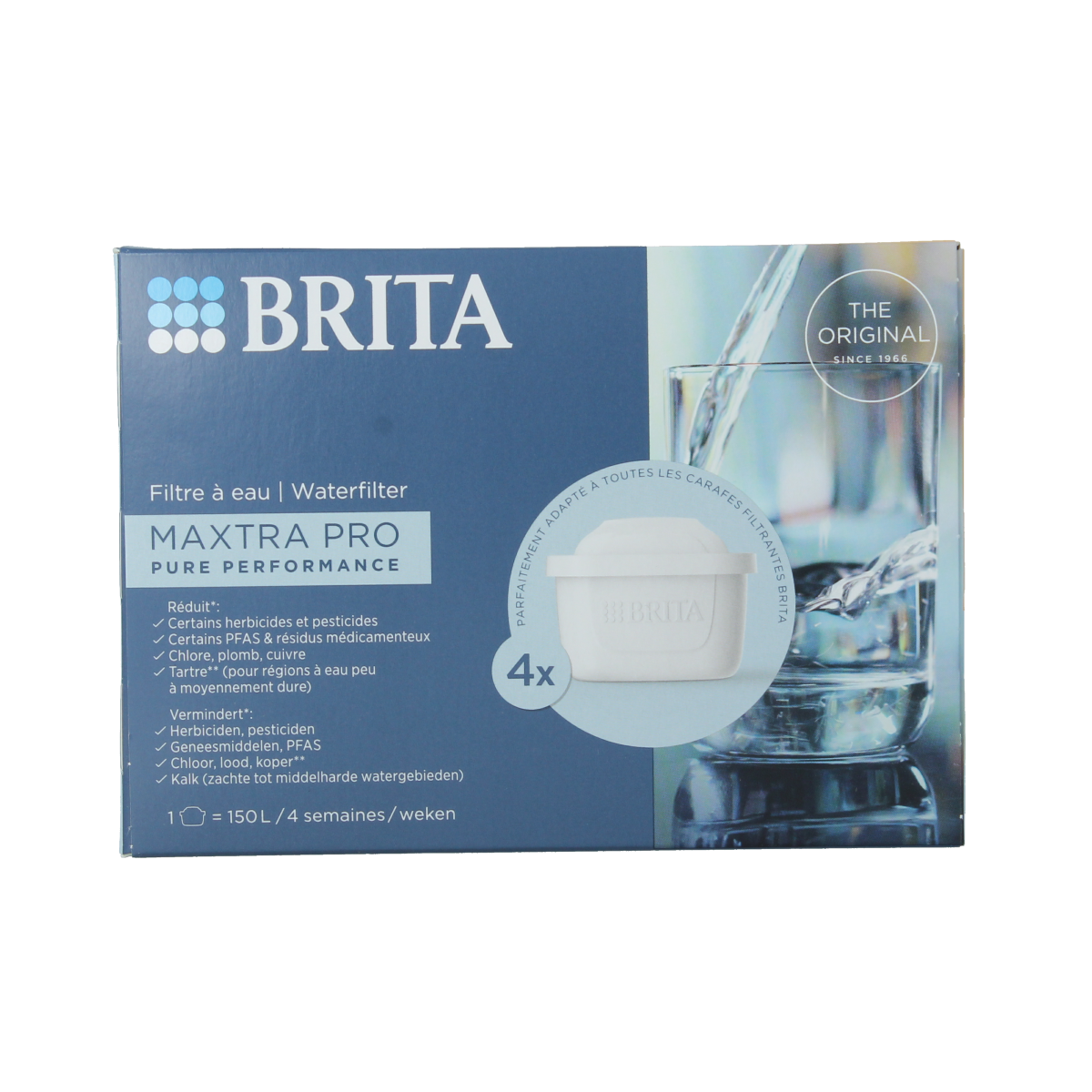 Brita MAXTRA PRO water filter cartridges for kitchen and table use, four-pack of Pure Performance filters.