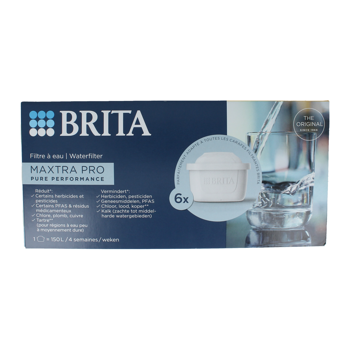 Brita MAXTRA PRO water filter cartridges for cooking and dining, 6-pack, pure performance, in packaging.
